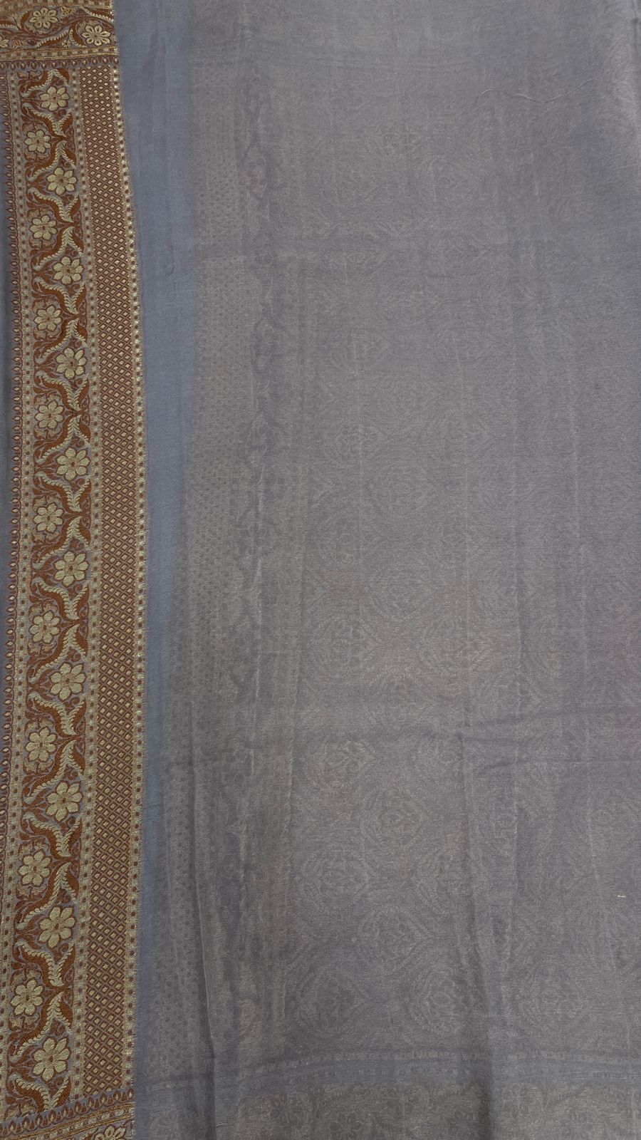Faishana Pure Handloom Grey Chiffon Copper Stripe Booti Jaal with Resham Mina Zari Border and Grey Blouse