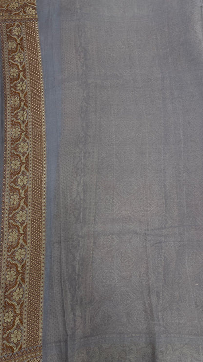 Faishana Pure Handloom Grey Chiffon Copper Stripe Booti Jaal with Resham Mina Zari Border and Grey Blouse
