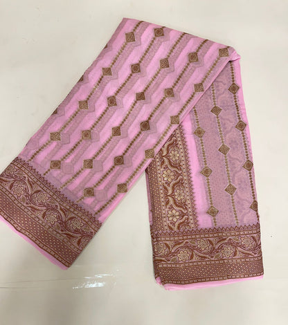 Faishana Pure Handloom Baby Pink Chiffon Copper Stripe Booti Jaal with Resham Mina Zari Border and Baby Pink Blouse