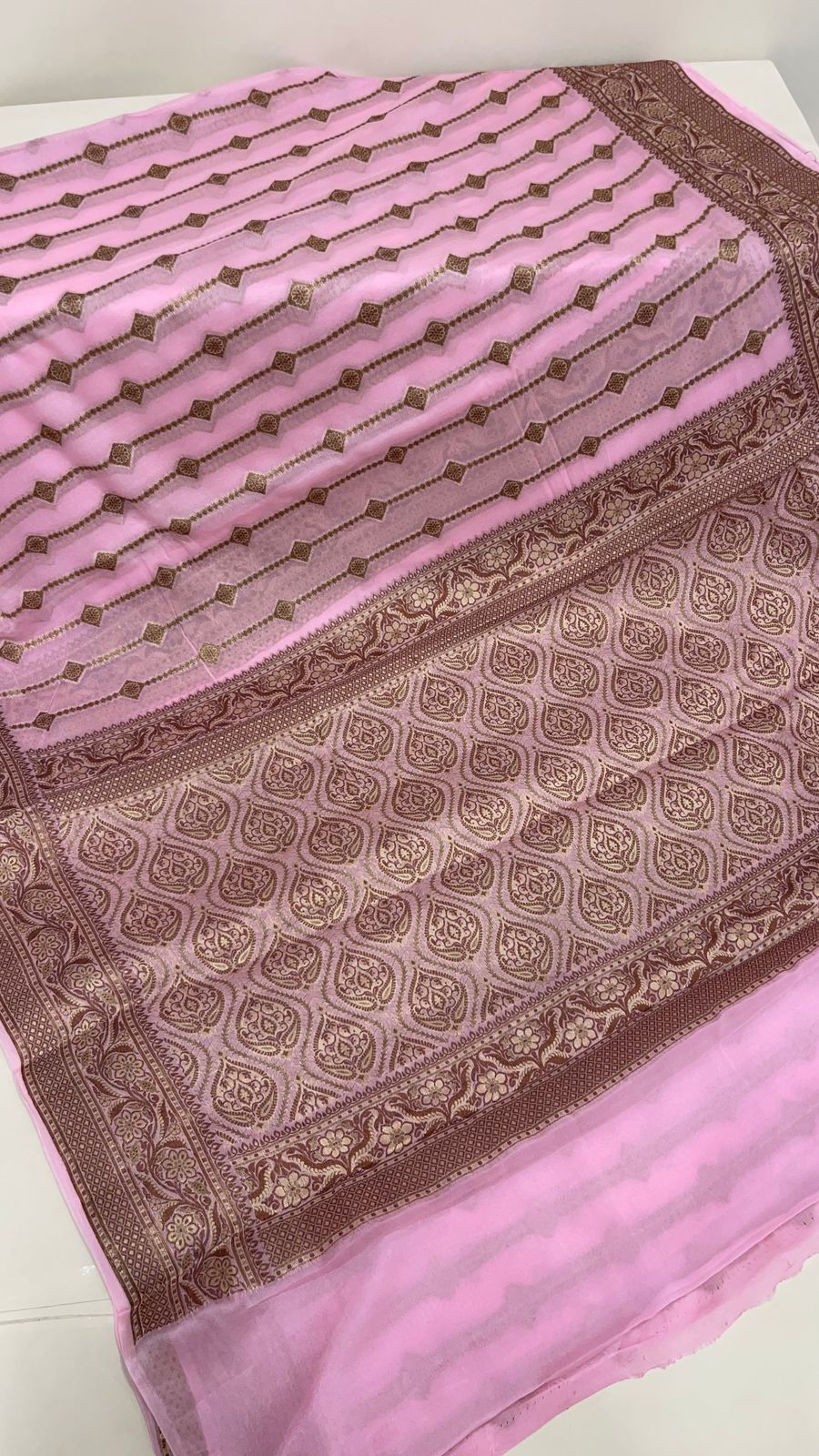Faishana Pure Handloom Baby Pink Chiffon Copper Stripe Booti Jaal with Resham Mina Zari Border and Baby Pink Blouse