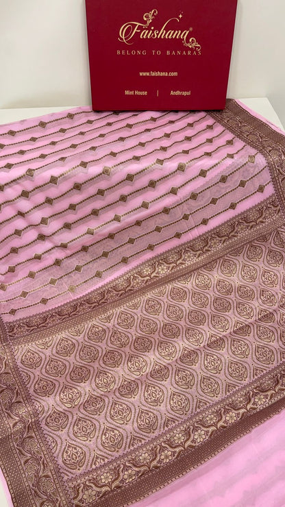 Faishana Pure Handloom Baby Pink Chiffon Copper Stripe Booti Jaal with Resham Mina Zari Border and Baby Pink Blouse