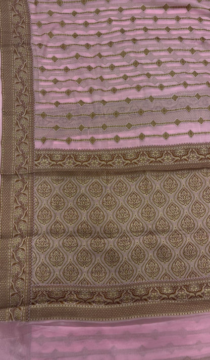 Faishana Pure Handloom Baby Pink Chiffon Copper Stripe Booti Jaal with Resham Mina Zari Border and Baby Pink Blouse