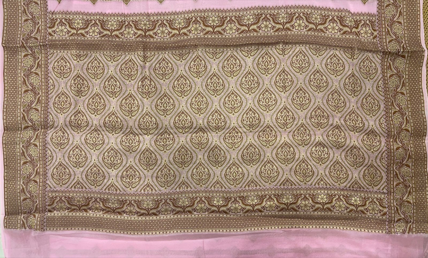 Faishana Pure Handloom Baby Pink Chiffon Copper Stripe Booti Jaal with Resham Mina Zari Border and Baby Pink Blouse