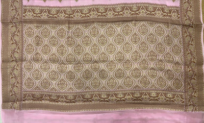 Faishana Pure Handloom Baby Pink Chiffon Copper Stripe Booti Jaal with Resham Mina Zari Border and Baby Pink Blouse