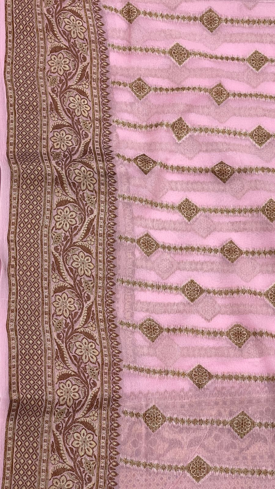 Faishana Pure Handloom Baby Pink Chiffon Copper Stripe Booti Jaal with Resham Mina Zari Border and Baby Pink Blouse