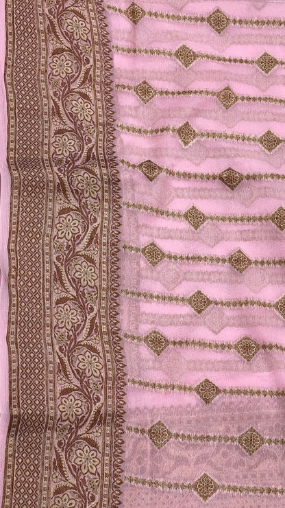 Faishana Pure Handloom Baby Pink Chiffon Copper Stripe Booti Jaal with Resham Mina Zari Border and Baby Pink Blouse