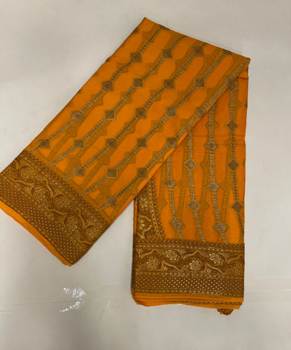 Faishana Pure Handloom Gold Chiffon Copper Stripe Booti Jaal with Resham Mina Zari Border and Gold Blouse
