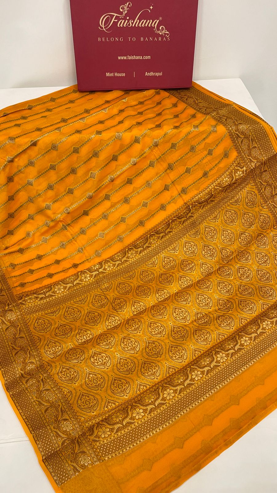 Faishana Pure Handloom Gold Chiffon Copper Stripe Booti Jaal with Resham Mina Zari Border and Gold Blouse