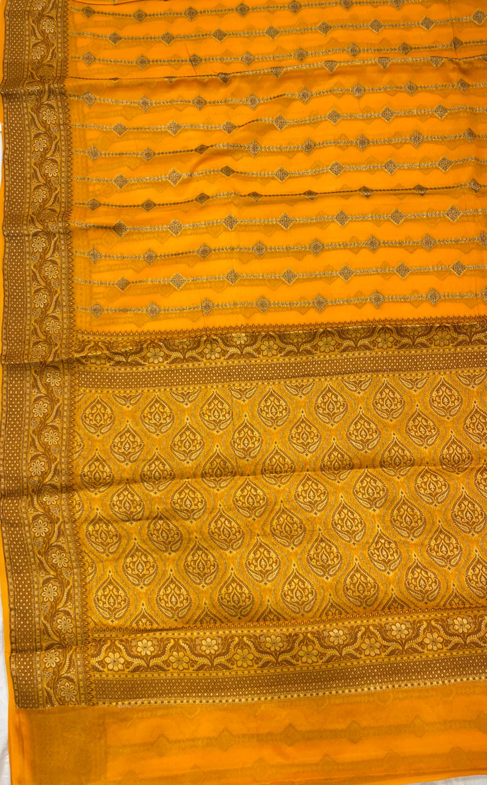 Faishana Pure Handloom Gold Chiffon Copper Stripe Booti Jaal with Resham Mina Zari Border and Gold Blouse
