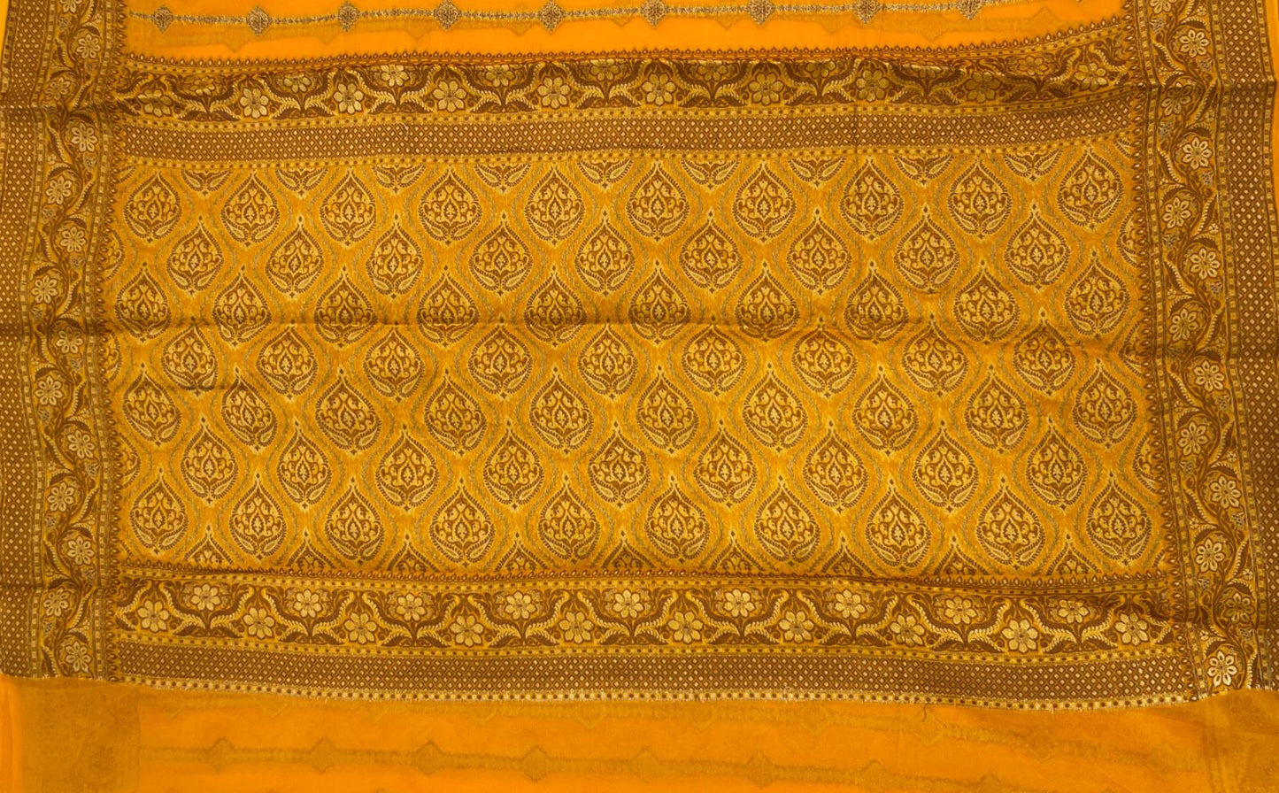 Faishana Pure Handloom Gold Chiffon Copper Stripe Booti Jaal with Resham Mina Zari Border and Gold Blouse