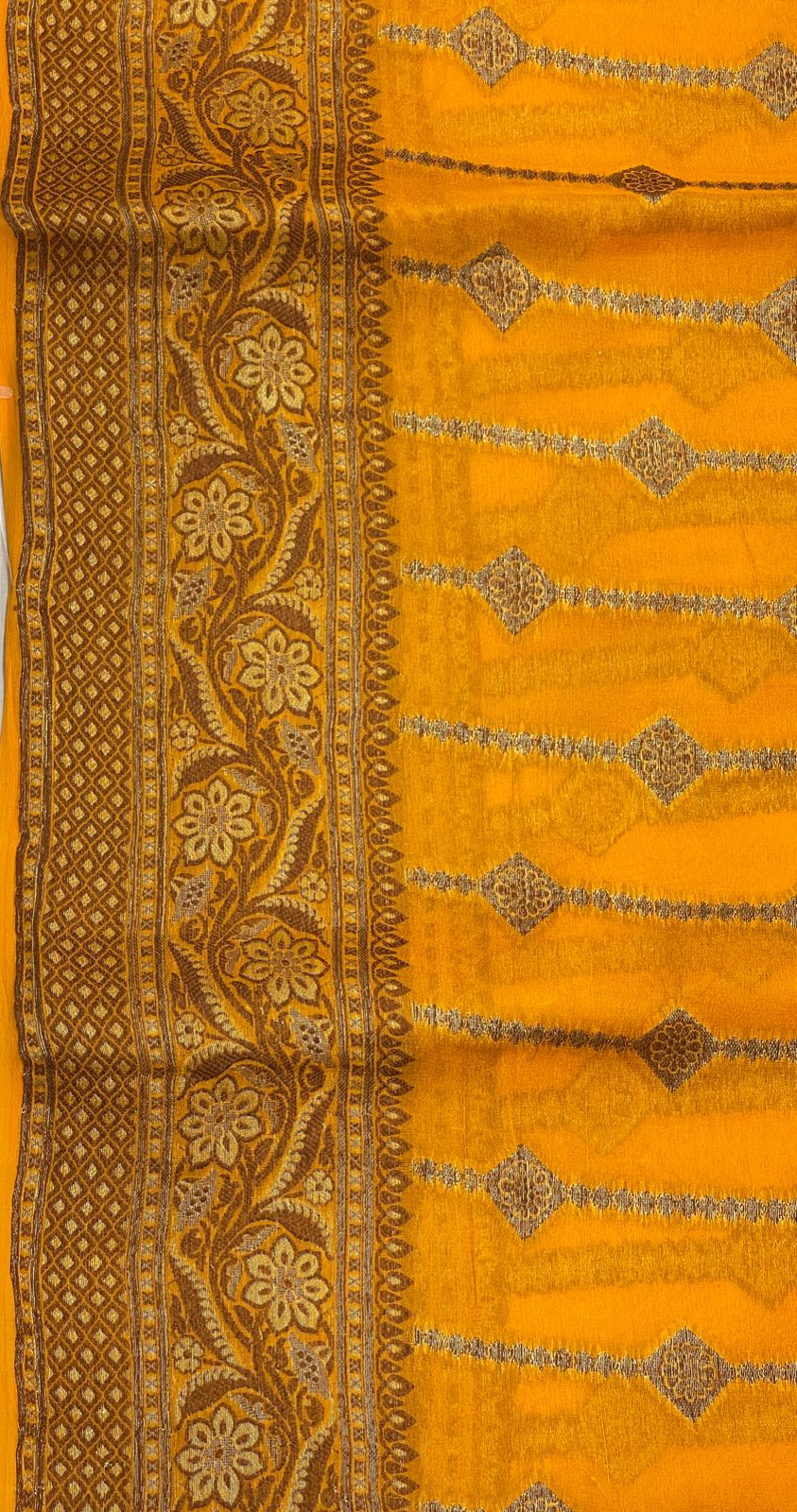 Faishana Pure Handloom Gold Chiffon Copper Stripe Booti Jaal with Resham Mina Zari Border and Gold Blouse