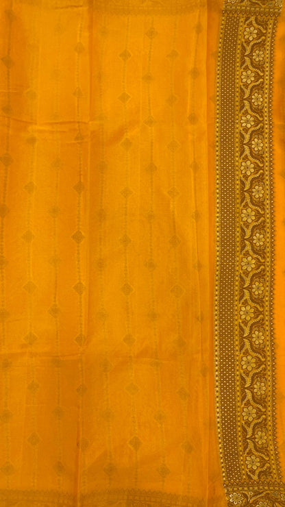 Faishana Pure Handloom Gold Chiffon Copper Stripe Booti Jaal with Resham Mina Zari Border and Gold Blouse