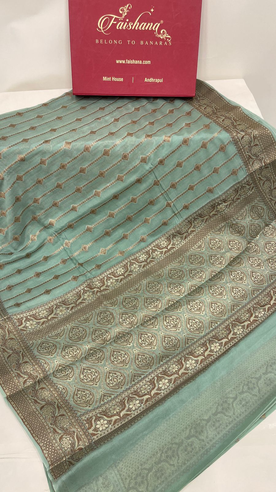 Faishana Pure Handloom Sea Green Chiffon Copper Stripe Booti Jaal with Resham Mina Zari Border and Sea Green Blouse