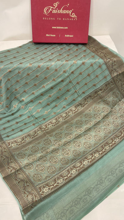 Faishana Pure Handloom Sea Green Chiffon Copper Stripe Booti Jaal with Resham Mina Zari Border and Sea Green Blouse