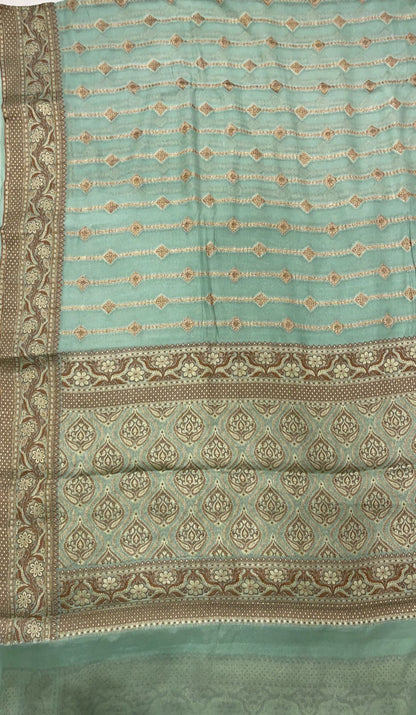 Faishana Pure Handloom Sea Green Chiffon Copper Stripe Booti Jaal with Resham Mina Zari Border and Sea Green Blouse