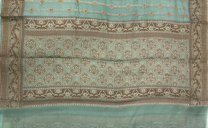 Faishana Pure Handloom Sea Green Chiffon Copper Stripe Booti Jaal with Resham Mina Zari Border and Sea Green Blouse