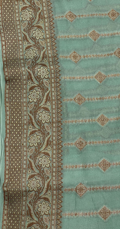 Faishana Pure Handloom Sea Green Chiffon Copper Stripe Booti Jaal with Resham Mina Zari Border and Sea Green Blouse