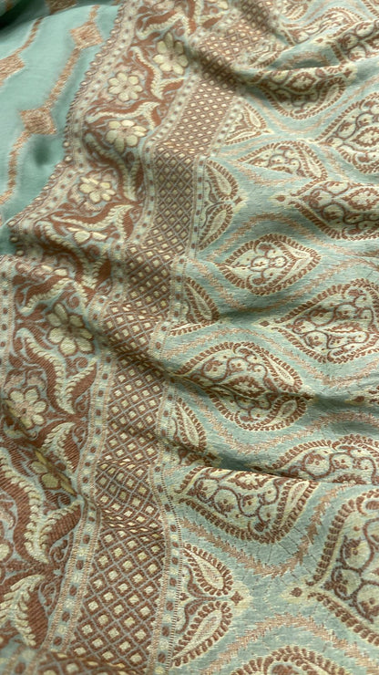 Faishana Pure Handloom Sea Green Chiffon Copper Stripe Booti Jaal with Resham Mina Zari Border and Sea Green Blouse