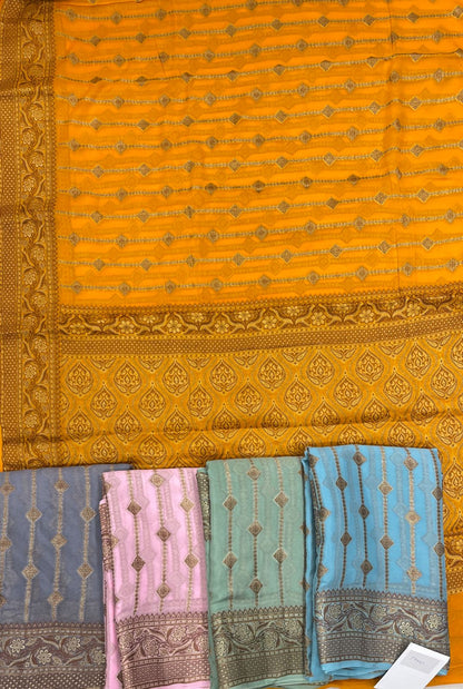 Faishana Pure Handloom Sea Green Chiffon Copper Stripe Booti Jaal with Resham Mina Zari Border and Sea Green Blouse