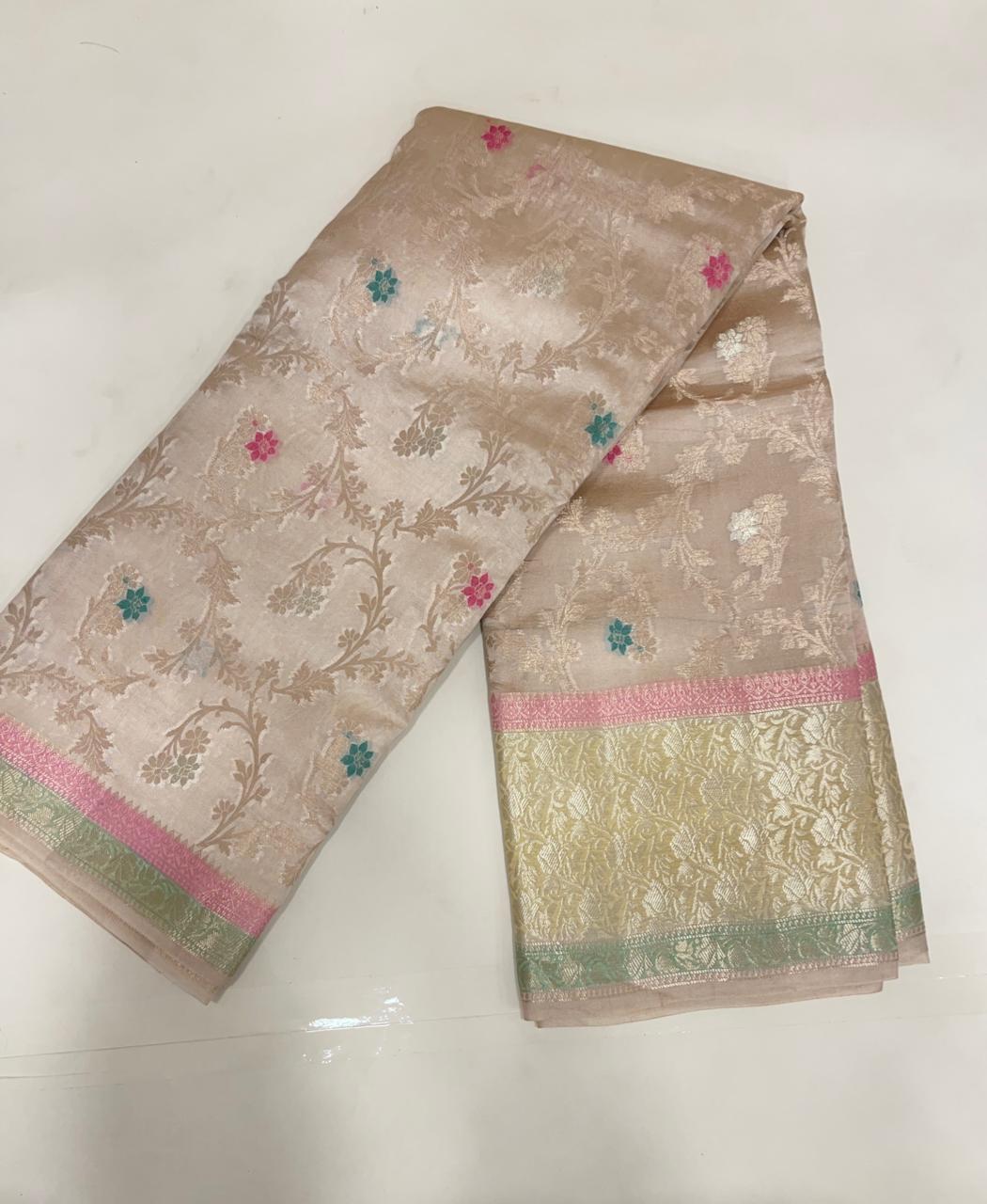 Faishana Pure Handloom Cream Dupion Silk Tilfi Mina Zari Jaal with Contrast Yellow Skirt Zari Border and Cream Blouse