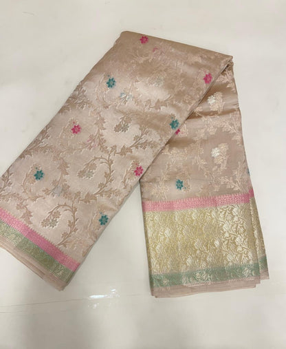 Faishana Pure Handloom Cream Dupion Silk Tilfi Mina Zari Jaal with Contrast Yellow Skirt Zari Border and Cream Blouse