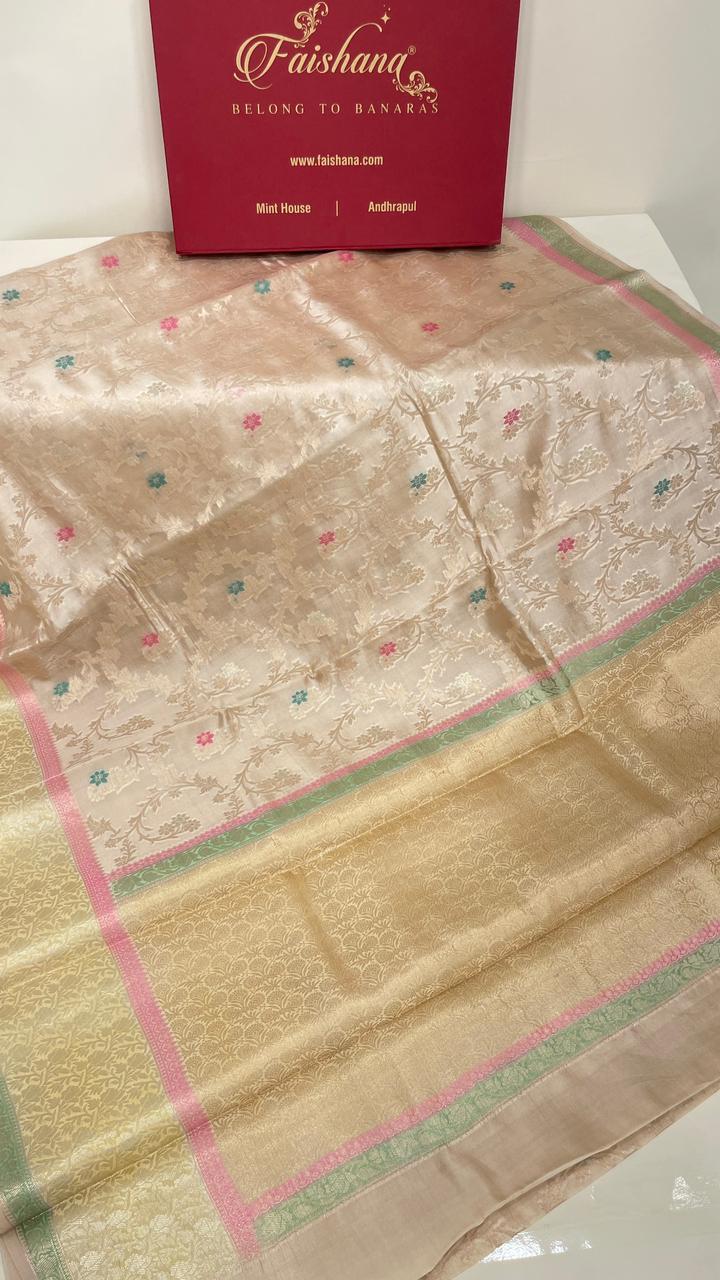 Faishana Pure Handloom Cream Dupion Silk Tilfi Mina Zari Jaal with Contrast Yellow Skirt Zari Border and Cream Blouse