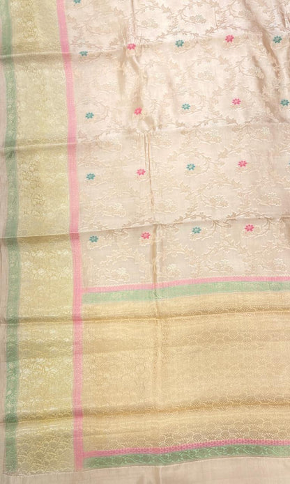 Faishana Pure Handloom Cream Dupion Silk Tilfi Mina Zari Jaal with Contrast Yellow Skirt Zari Border and Cream Blouse