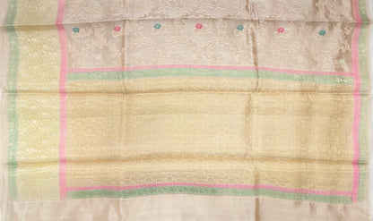 Faishana Pure Handloom Cream Dupion Silk Tilfi Mina Zari Jaal with Contrast Yellow Skirt Zari Border and Cream Blouse