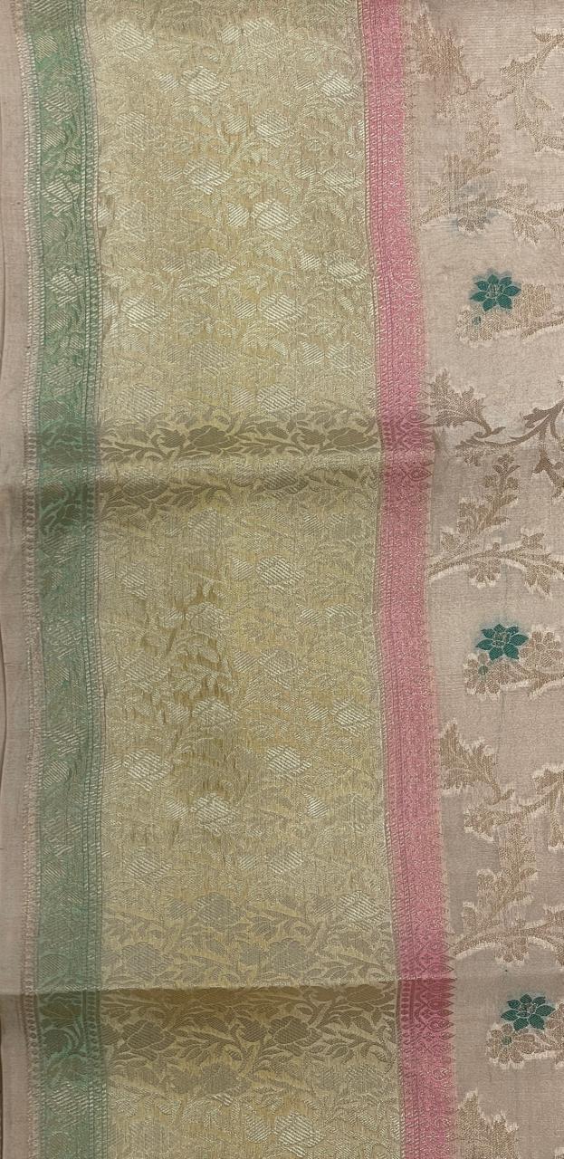 Faishana Pure Handloom Cream Dupion Silk Tilfi Mina Zari Jaal with Contrast Yellow Skirt Zari Border and Cream Blouse