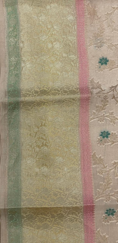 Faishana Pure Handloom Cream Dupion Silk Tilfi Mina Zari Jaal with Contrast Yellow Skirt Zari Border and Cream Blouse