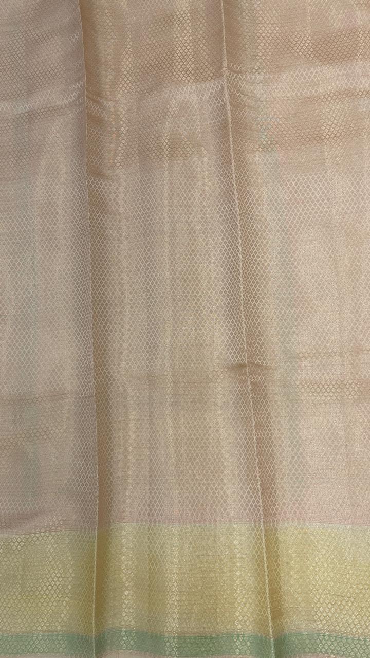 Faishana Pure Handloom Cream Dupion Silk Tilfi Mina Zari Jaal with Contrast Yellow Skirt Zari Border and Cream Blouse