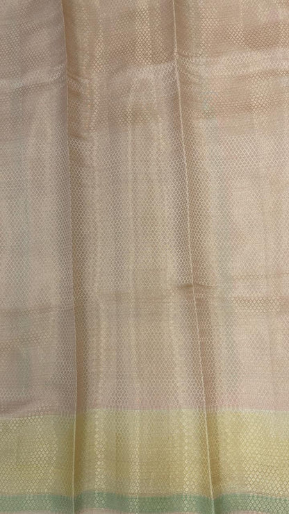 Faishana Pure Handloom Cream Dupion Silk Tilfi Mina Zari Jaal with Contrast Yellow Skirt Zari Border and Cream Blouse