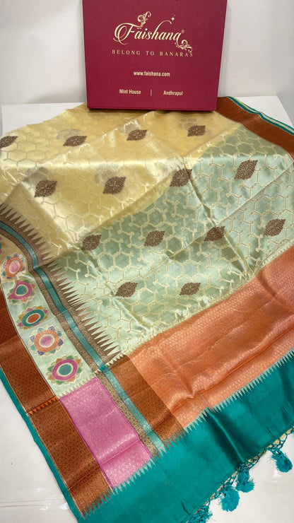 Faishana Pure Handloom Lemon Yellow Dupion Silk Copper Zari Boota Alfi Zari Jaal with Contrast Orange Pallu and Skirt Rangkaat Boota Border with Sea Green Blouse