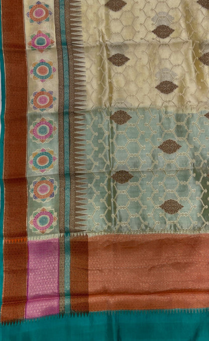 Faishana Pure Handloom Lemon Yellow Dupion Silk Copper Zari Boota Alfi Zari Jaal with Contrast Orange Pallu and Skirt Rangkaat Boota Border with Sea Green Blouse