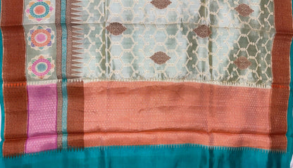 Faishana Pure Handloom Lemon Yellow Dupion Silk Copper Zari Boota Alfi Zari Jaal with Contrast Orange Pallu and Skirt Rangkaat Boota Border with Sea Green Blouse