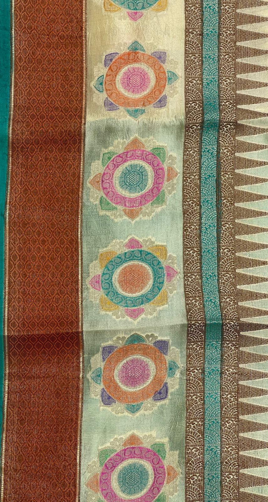 Faishana Pure Handloom Lemon Yellow Dupion Silk Copper Zari Boota Alfi Zari Jaal with Contrast Orange Pallu and Skirt Rangkaat Boota Border with Sea Green Blouse