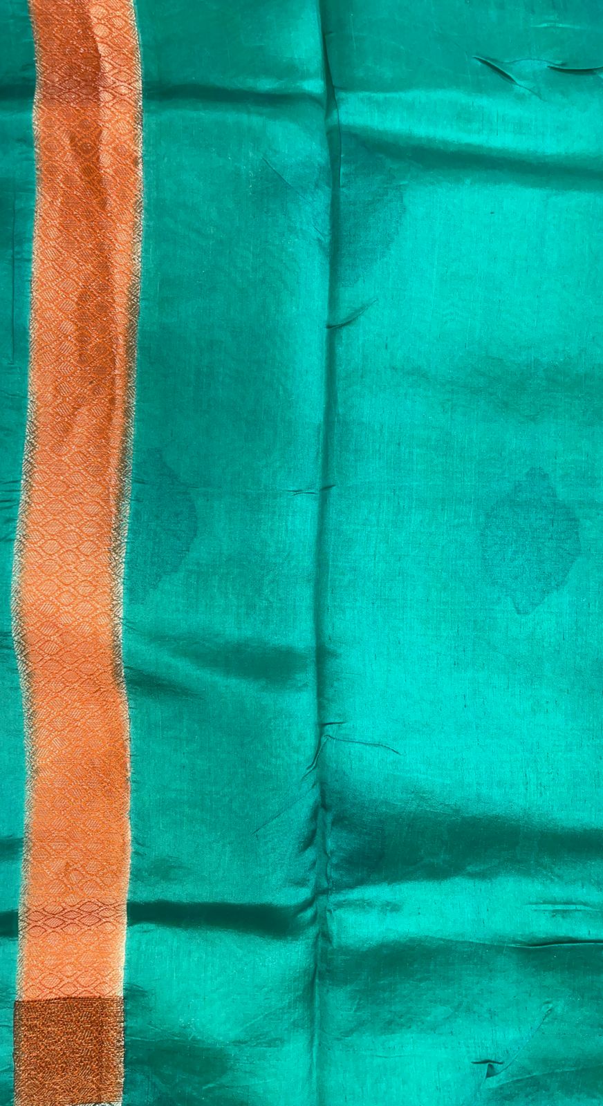 Faishana Pure Handloom Lemon Yellow Dupion Silk Copper Zari Boota Alfi Zari Jaal with Contrast Orange Pallu and Skirt Rangkaat Boota Border with Sea Green Blouse