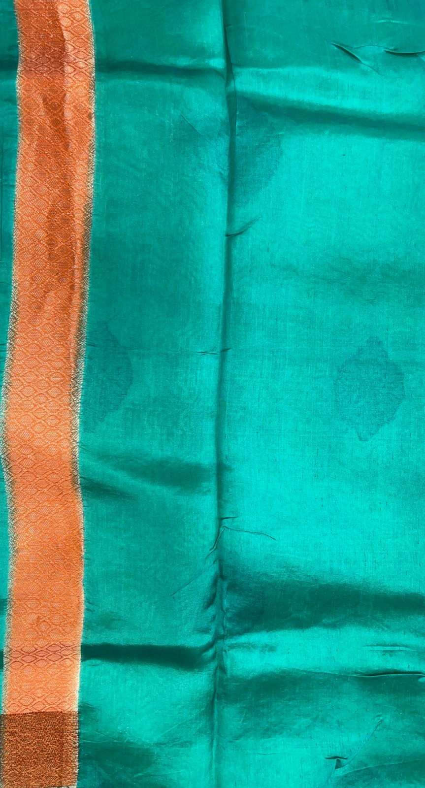 Faishana Pure Handloom Lemon Yellow Dupion Silk Copper Zari Boota Alfi Zari Jaal with Contrast Orange Pallu and Skirt Rangkaat Boota Border with Sea Green Blouse