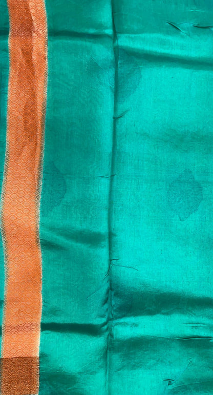 Faishana Pure Handloom Lemon Yellow Dupion Silk Copper Zari Boota Alfi Zari Jaal with Contrast Orange Pallu and Skirt Rangkaat Boota Border with Sea Green Blouse