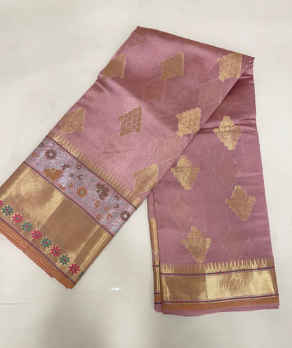 Faishana Pure Handloom Mauve Dupion Silk Golden Zari Floral Boota with Skirt Silver Mina Zari Border and Mauve Blouse