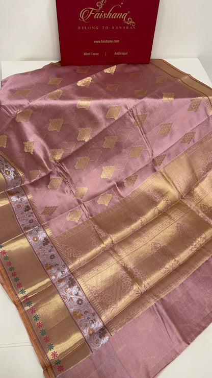 Faishana Pure Handloom Mauve Dupion Silk Golden Zari Floral Boota with Skirt Silver Mina Zari Border and Mauve Blouse