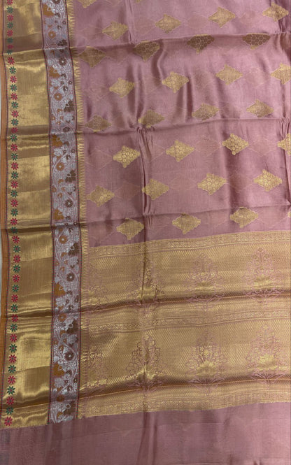 Faishana Pure Handloom Mauve Dupion Silk Golden Zari Floral Boota with Skirt Silver Mina Zari Border and Mauve Blouse