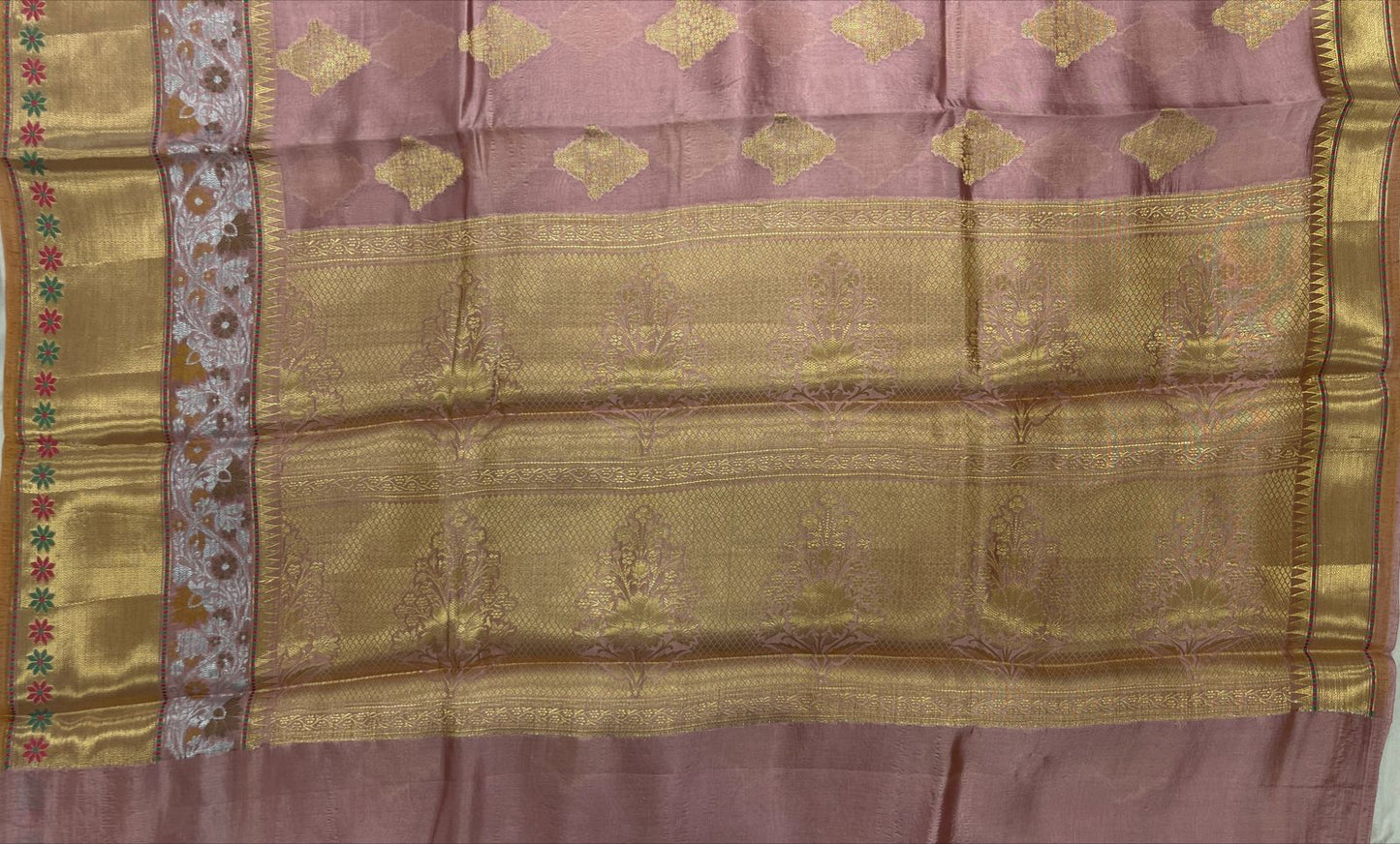 Faishana Pure Handloom Mauve Dupion Silk Golden Zari Floral Boota with Skirt Silver Mina Zari Border and Mauve Blouse