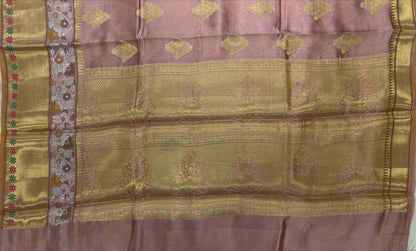 Faishana Pure Handloom Mauve Dupion Silk Golden Zari Floral Boota with Skirt Silver Mina Zari Border and Mauve Blouse