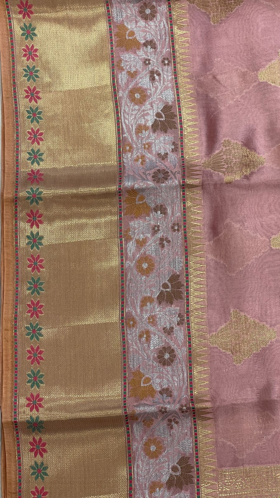 Faishana Pure Handloom Mauve Dupion Silk Golden Zari Floral Boota with Skirt Silver Mina Zari Border and Mauve Blouse