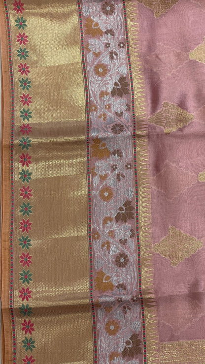 Faishana Pure Handloom Mauve Dupion Silk Golden Zari Floral Boota with Skirt Silver Mina Zari Border and Mauve Blouse