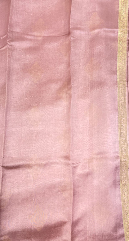 Faishana Pure Handloom Mauve Dupion Silk Golden Zari Floral Boota with Skirt Silver Mina Zari Border and Mauve Blouse