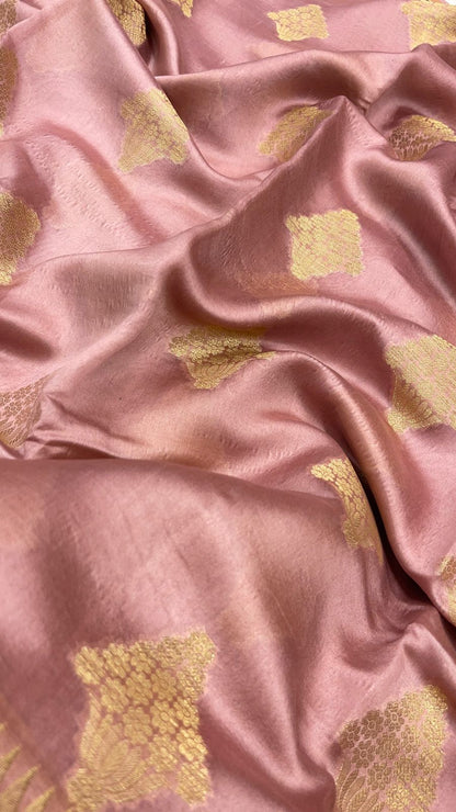 Faishana Pure Handloom Mauve Dupion Silk Golden Zari Floral Boota with Skirt Silver Mina Zari Border and Mauve Blouse