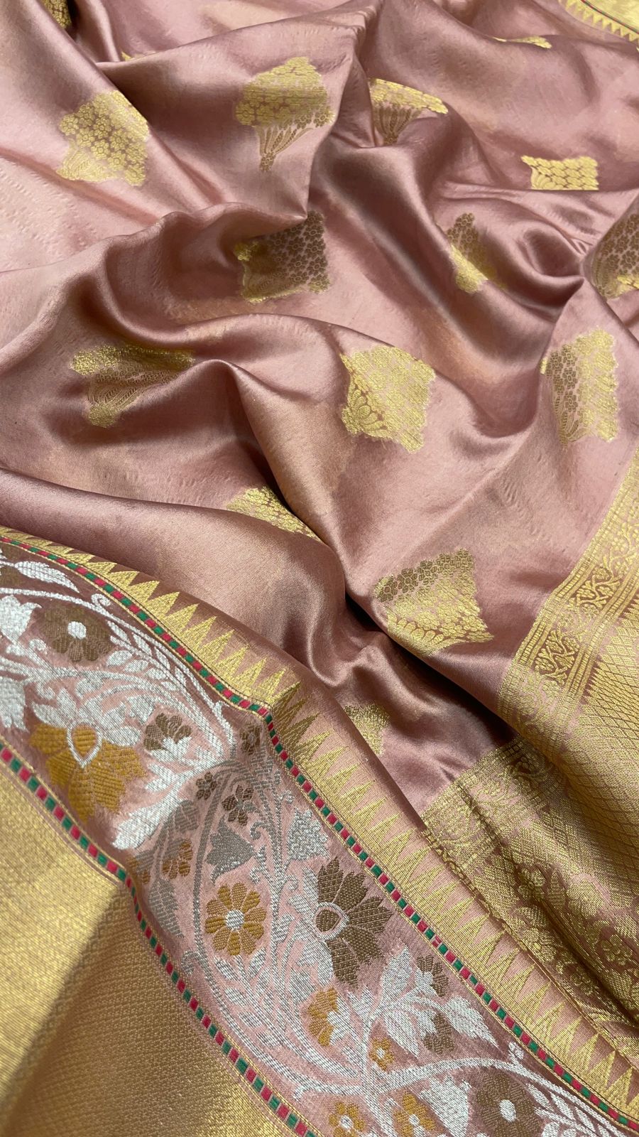 Faishana Pure Handloom Mauve Dupion Silk Golden Zari Floral Boota with Skirt Silver Mina Zari Border and Mauve Blouse