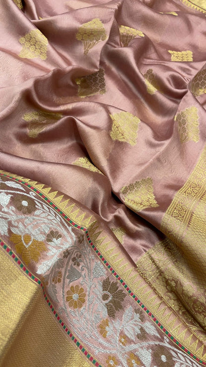 Faishana Pure Handloom Mauve Dupion Silk Golden Zari Floral Boota with Skirt Silver Mina Zari Border and Mauve Blouse